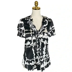 BCBGMAXAZRIA | BLACK & WHITE COMBO SILK RUFFLE BLOUSE SHORT SLEEVES TOP SIZE S